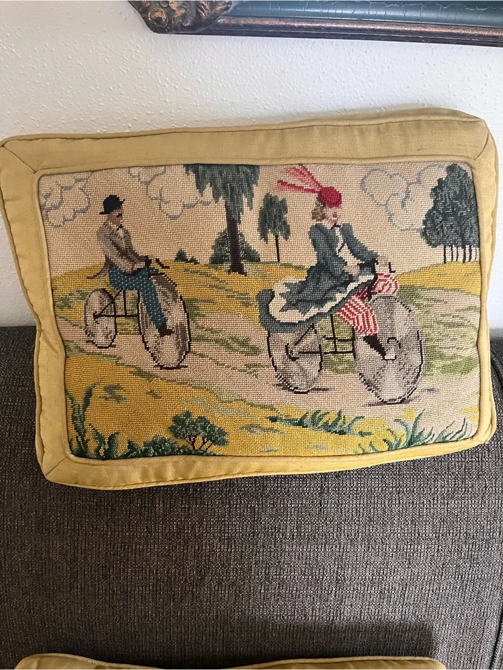 Vintage Tapestry Needlepoint Decorative Pillow - Yellow Border